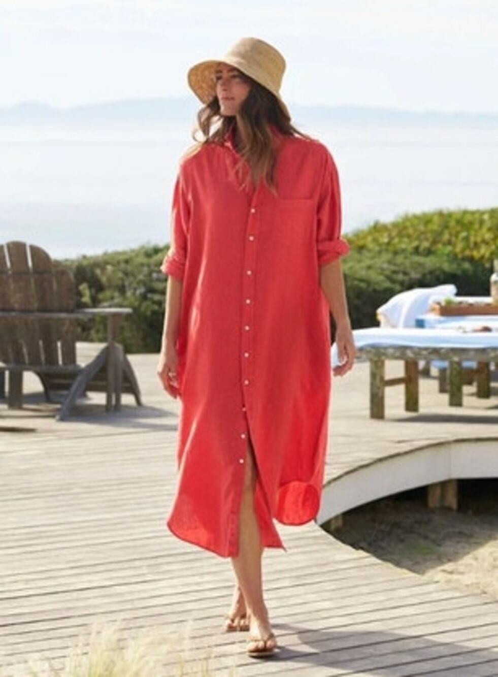 FRANK & EILEEN OS M L XL Red Linen Megan Oversize Maxi Shirt Dress